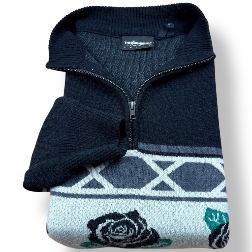 The Hundreds Black Rose Graphic Wool Blend 1/4 Zip Sweater Mens Size Small
